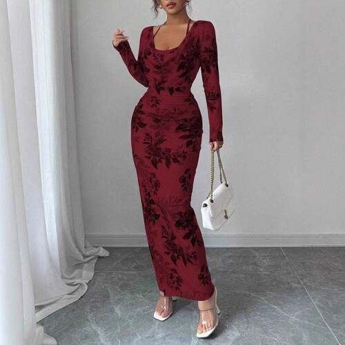 Blue and Floral Print Halter Neck Dress SlimFitting Bodycon