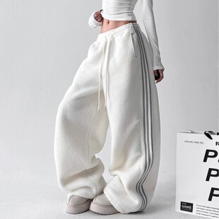 Ader白色羊羔毛卫裤女2025冬季新款加绒加厚高腰直筒阔腿休闲裤子