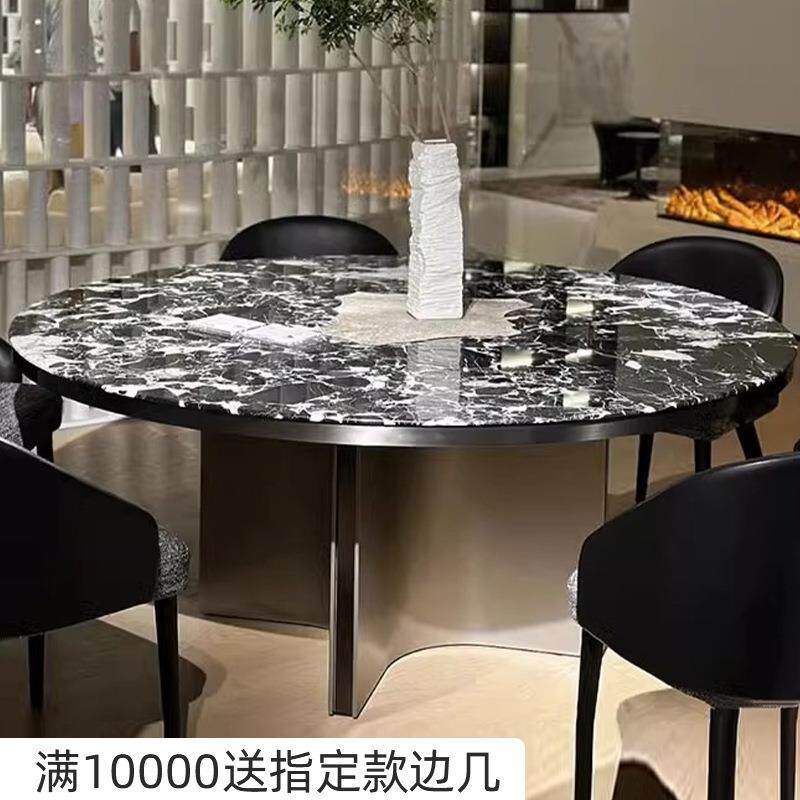 家用客厅高档圆形带转盘圆桌极简天然奢石饭桌意式轻奢大理石餐桌