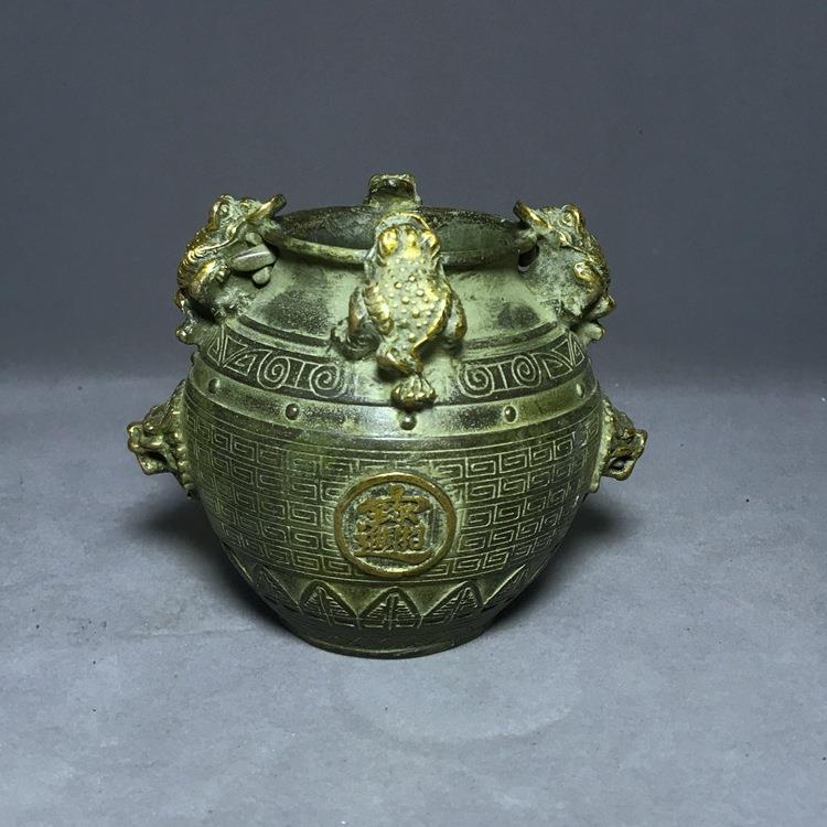 仿古古玩铜器收藏黄铜铜器摆件金蟾貔貅招财铜罐招财进宝