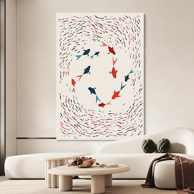 波洛克小众手绘油画彩色小鱼抽象艺术客厅装饰画玄关走廊过道挂画图片