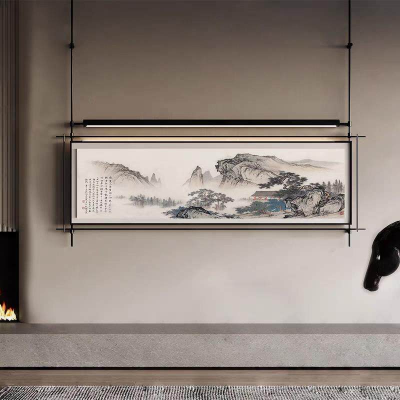 新中式餐厅酒店大堂厅走廊过道装饰画长款横幅新款吊杆发光挂画
