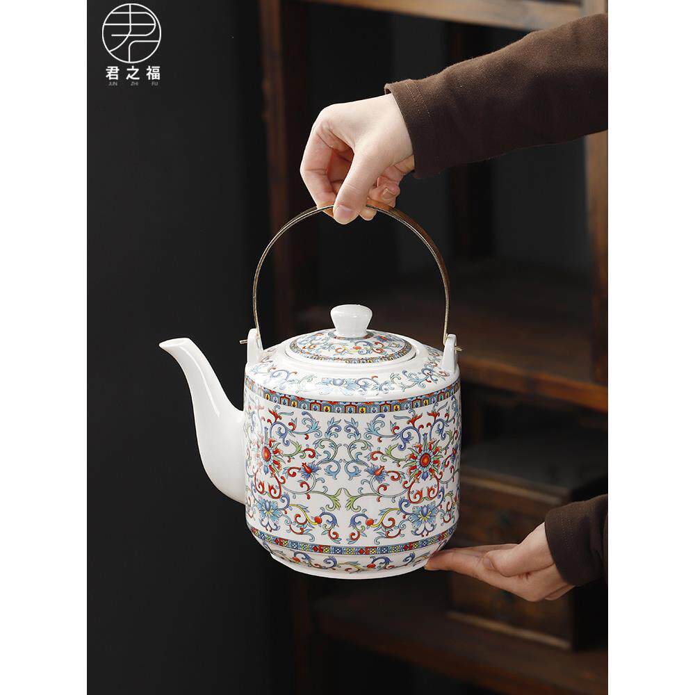 中国青花瓷茶壶陶瓷家用茶具手柄茶壶大容量家庭餐厅耐高温单壶
