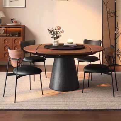 法式复古实木折叠餐桌伸缩可变圆桌2025新款家用小户型美式中古风