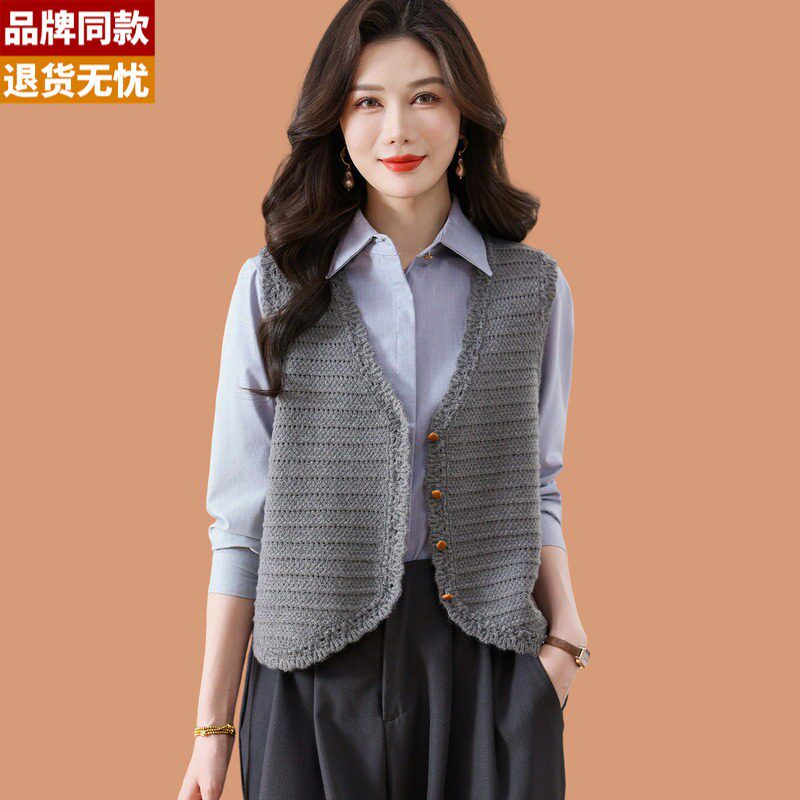 v领羊毛针织马甲开衫女2026新款无袖背心小外搭流苏叠穿马夹上衣