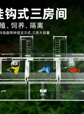 孔雀鱼繁殖盒鱼缸非亚克力隔离盒特大号产卵孵化挂钩式三房孵化盒