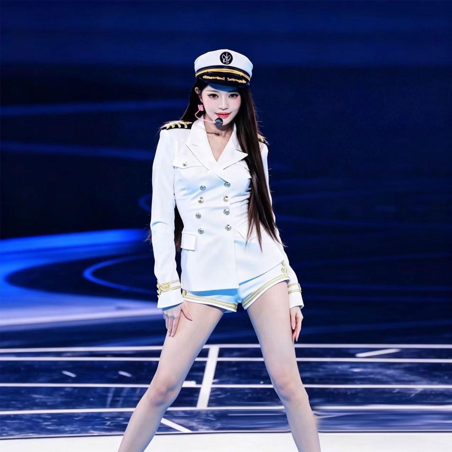 女团张元英同款海军风表演服白色水手服双排扣西装收腰显瘦打歌服