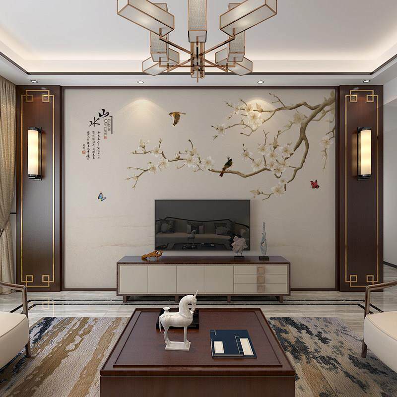 3D立体电视背景墙扣板新中式花鸟护墙板竹木纤维客厅沙发集成墙板