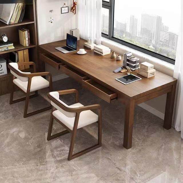 现代简约风实木电脑桌家用双人书桌学生学习桌带抽屉卧室电竞木桌