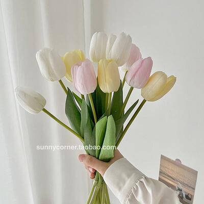 奶油郁金香人造花假花餐桌客厅花瓶饰品装饰饰品风格照片花束