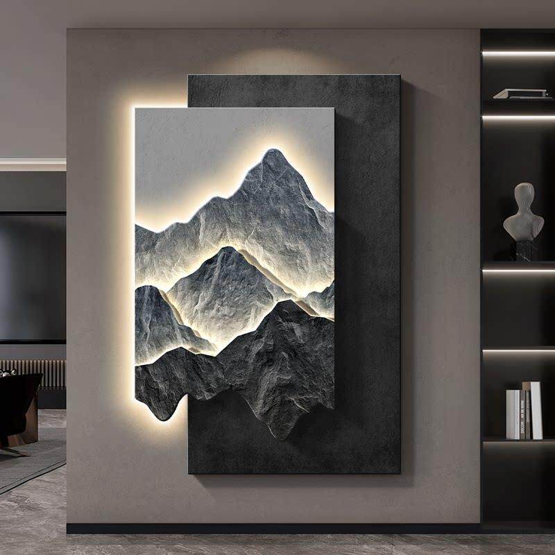 背有靠山玄关装饰画入户正对门立体砂岩挂画轻奢高级感客厅壁画灯