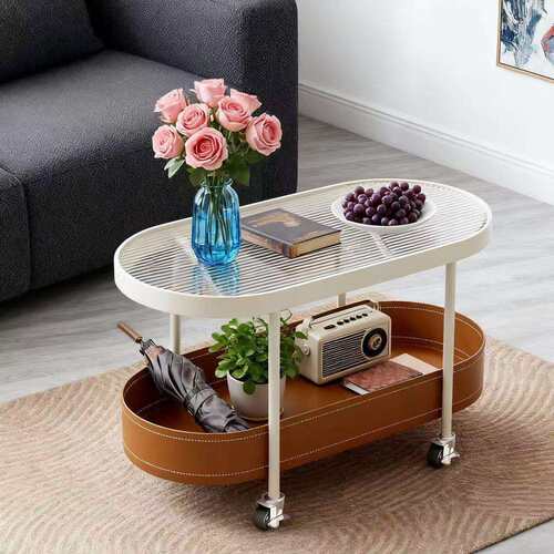 奶油风马鞍皮客厅边几小户型家用椭圆形网红带轮可移动小推车茶几