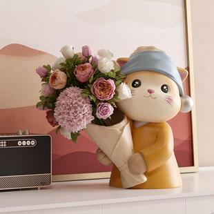 艺术猫捧花花瓶摆件门口玄关客厅插花轻奢电视柜酒柜玄关家居装 饰