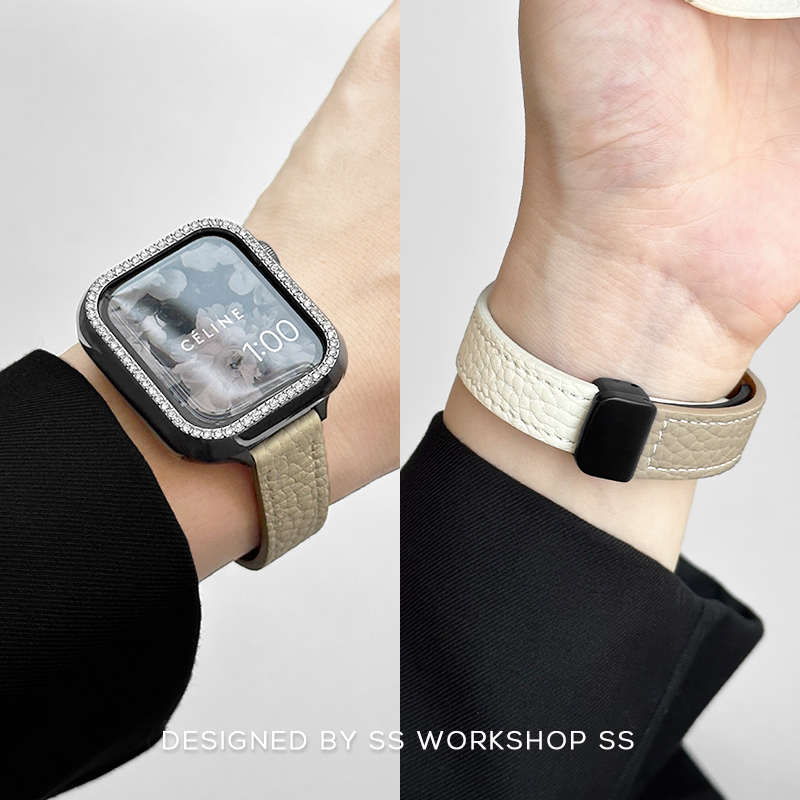 适用applewatch7男女苹果iwatch8表带细款真皮荔枝纹磁吸表带男女