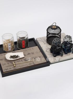 新中式会所售楼处茶室餐厅仿古美学器鸟笼玻璃茶罐琉璃狮陈列摆件