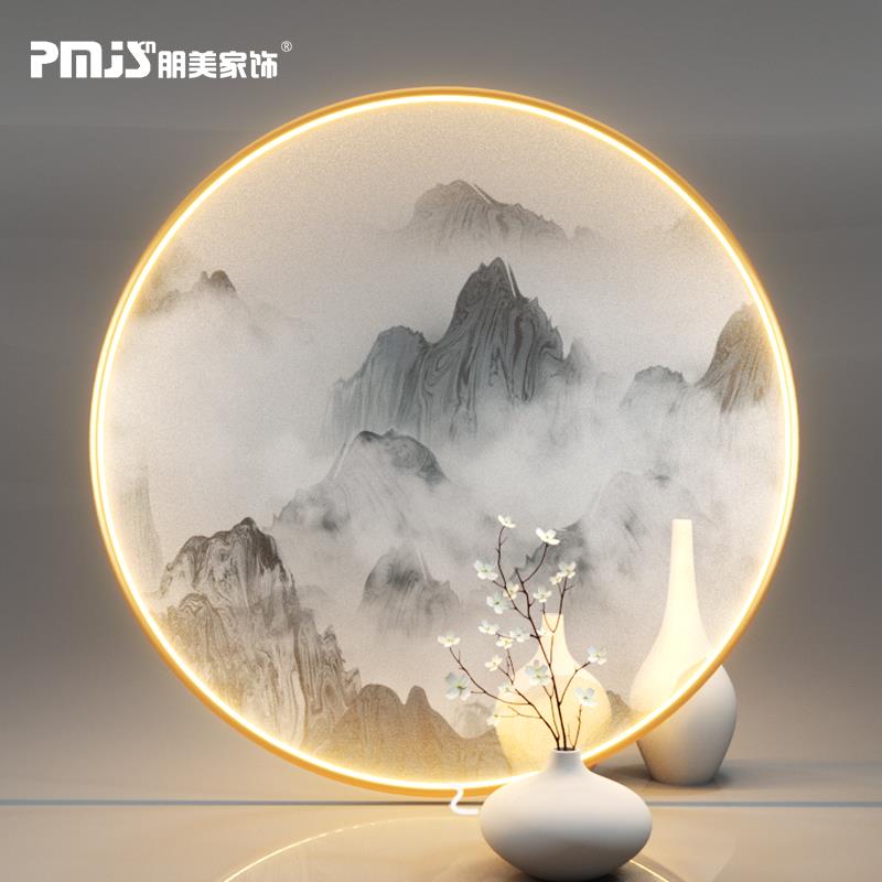 9关6N透明丝门绢Fh($%p#g灯画新中式山水画进玄壁半画圆形装饰画