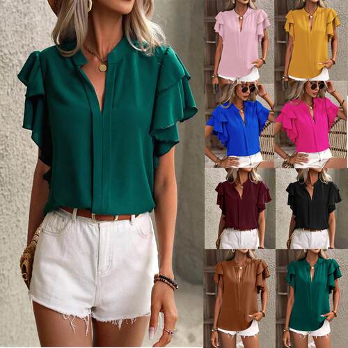 A fashionable women's V-neck T-shirt with lotus leaf cuffs
