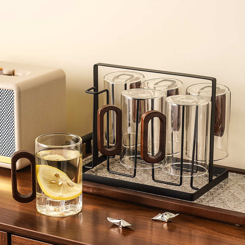 烟灰色木把单层杯 高硼硅耐热玻璃泡茶杯喝水加厚玻璃杯乔迁礼品