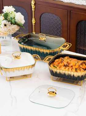 酒店 长方形casserole盘条纹bake盘陶瓷烤烤金色ware