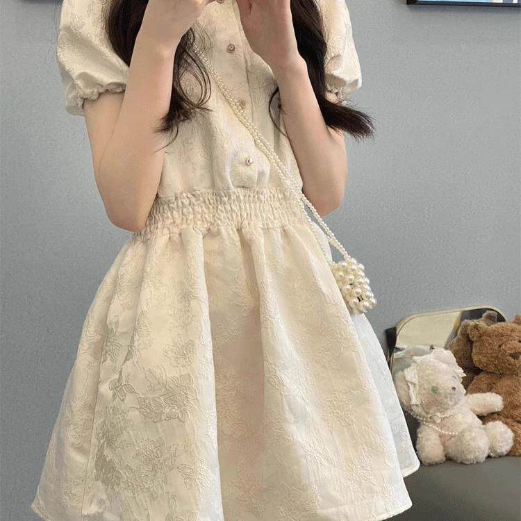 欧洲站2026新款夏季小个子提花短裙子收腰娃娃领甜美初恋连衣裙女