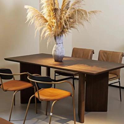 北欧实木餐桌黑胡桃木色中古风原木侘寂风茶桌长方形书桌办公桌