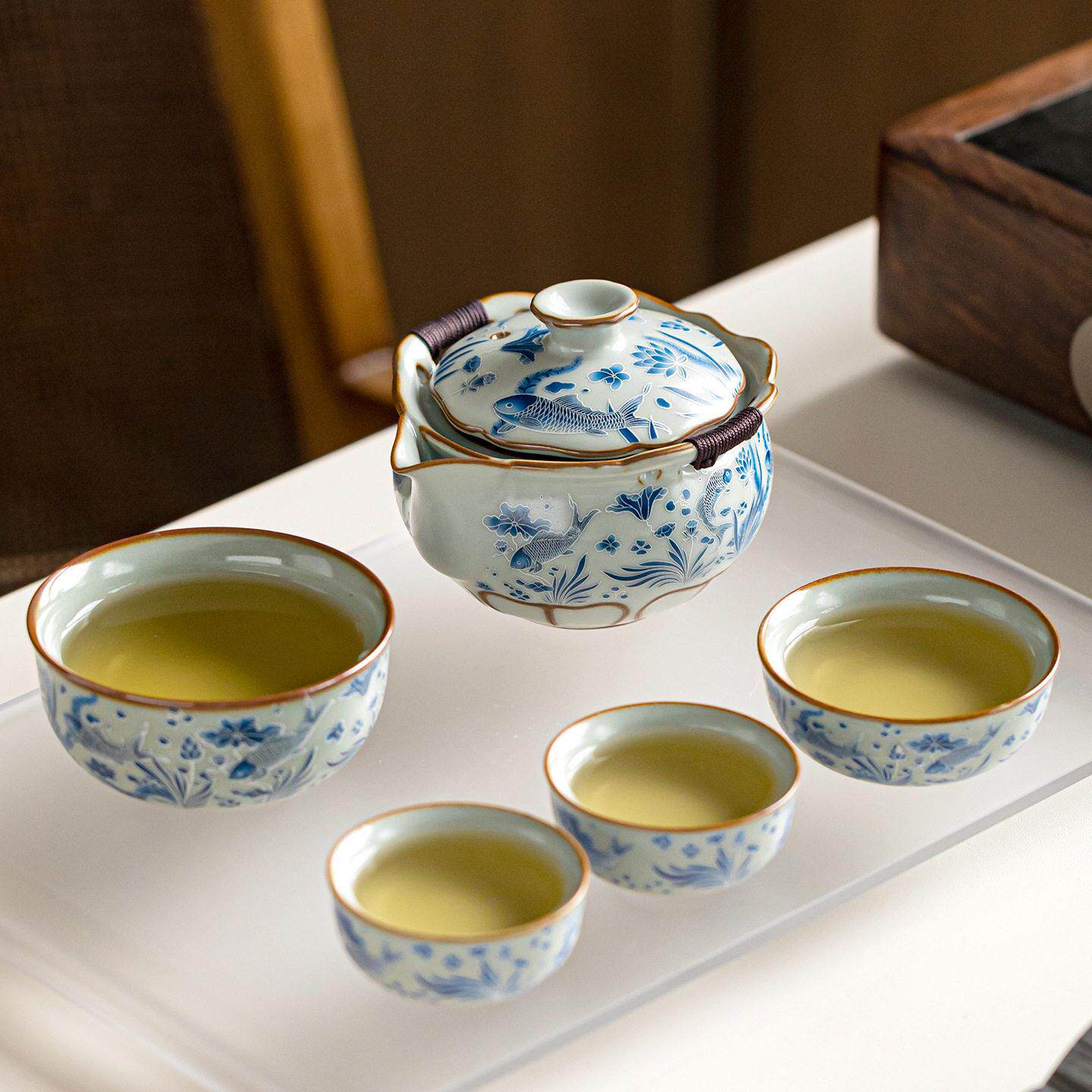 汝窑旅行快客杯一壶四杯便携式功夫茶具小套装户外陶瓷泡茶壶茶杯