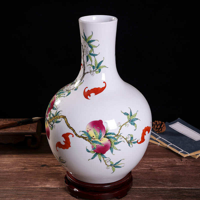 景德镇粉彩九桃天球瓶陶瓷装饰花瓶客厅工艺品摆件中式家居装饰品