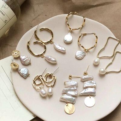 Korea Design Metal Gold Geometric Irregular Circle耳坠珍珠