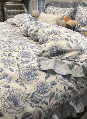 正品ins蓝色边田园手绘风床上.四件套全棉纯棉被套1.5m花1公8米床