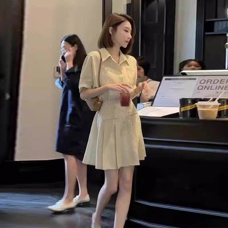 欧洲站夏季2025新款法式高级感百褶短裙小个子polo领衬衫连衣裙女