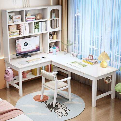 实木转角书桌书架带书柜一体初中生学习桌卧室角落L型办公电脑桌