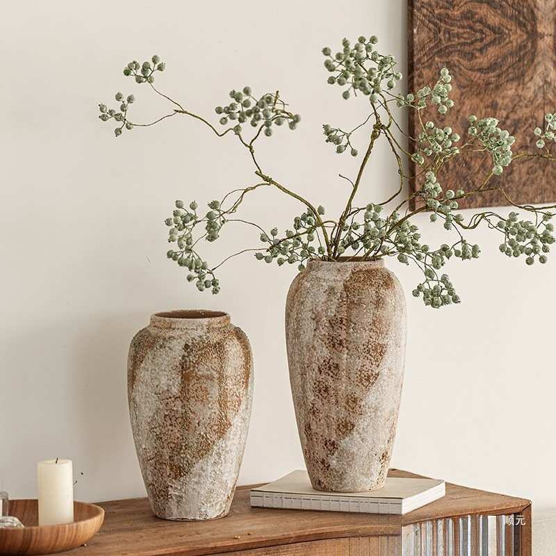 中式大直侘陶瓷陶摆件花瓶销寂感风奢复古粗插花轻陶罐高禅意客厅