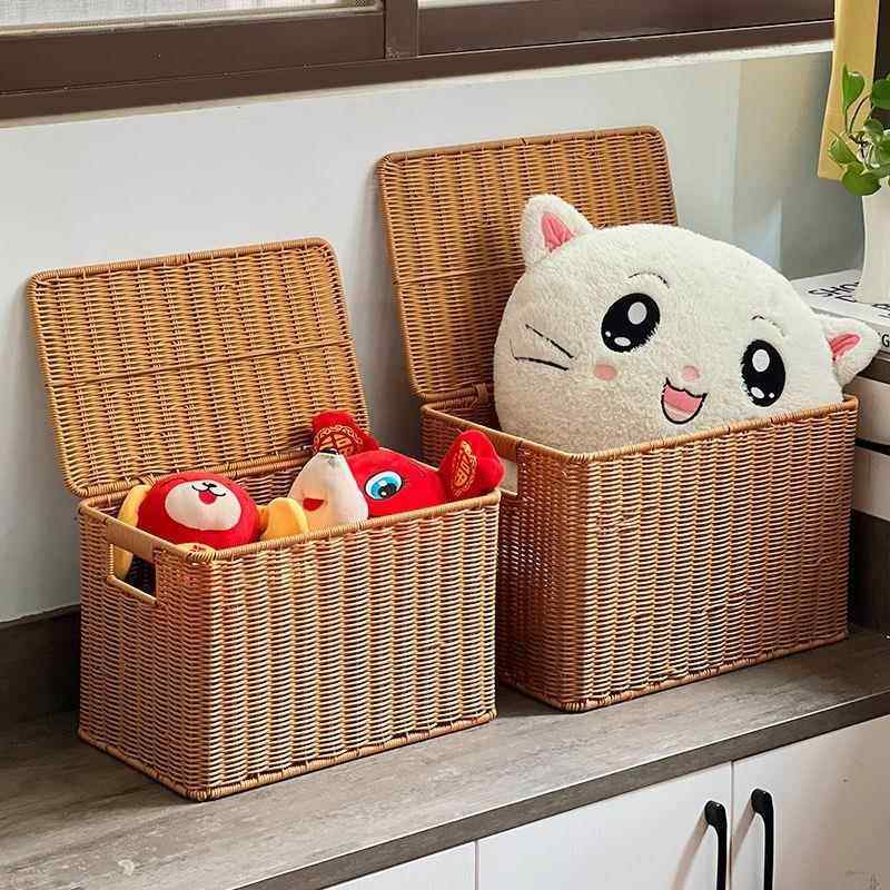 仿编收无品牌/藤纳长方形脏衣衣筐篓有盖收纳箱橱整理家居储存筐