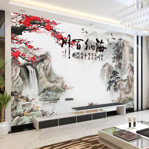 8d中式水墨山水竹木纤维电视背景墙集成板客厅办公室影视墙护墙板