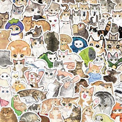 77pcs Kawaii Cute Watercolor Cat Cartoon Stickers Animal Kit