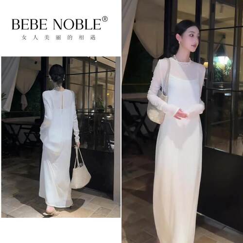 BEBE NOBLE法式白色吊带洋装女2025夏季高级感时尚直筒网纱长裙