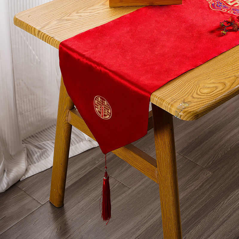 红色旗婚礼桌布中复古喜庆婚庆巾桌棉麻长条国风结新年中式艺茶席