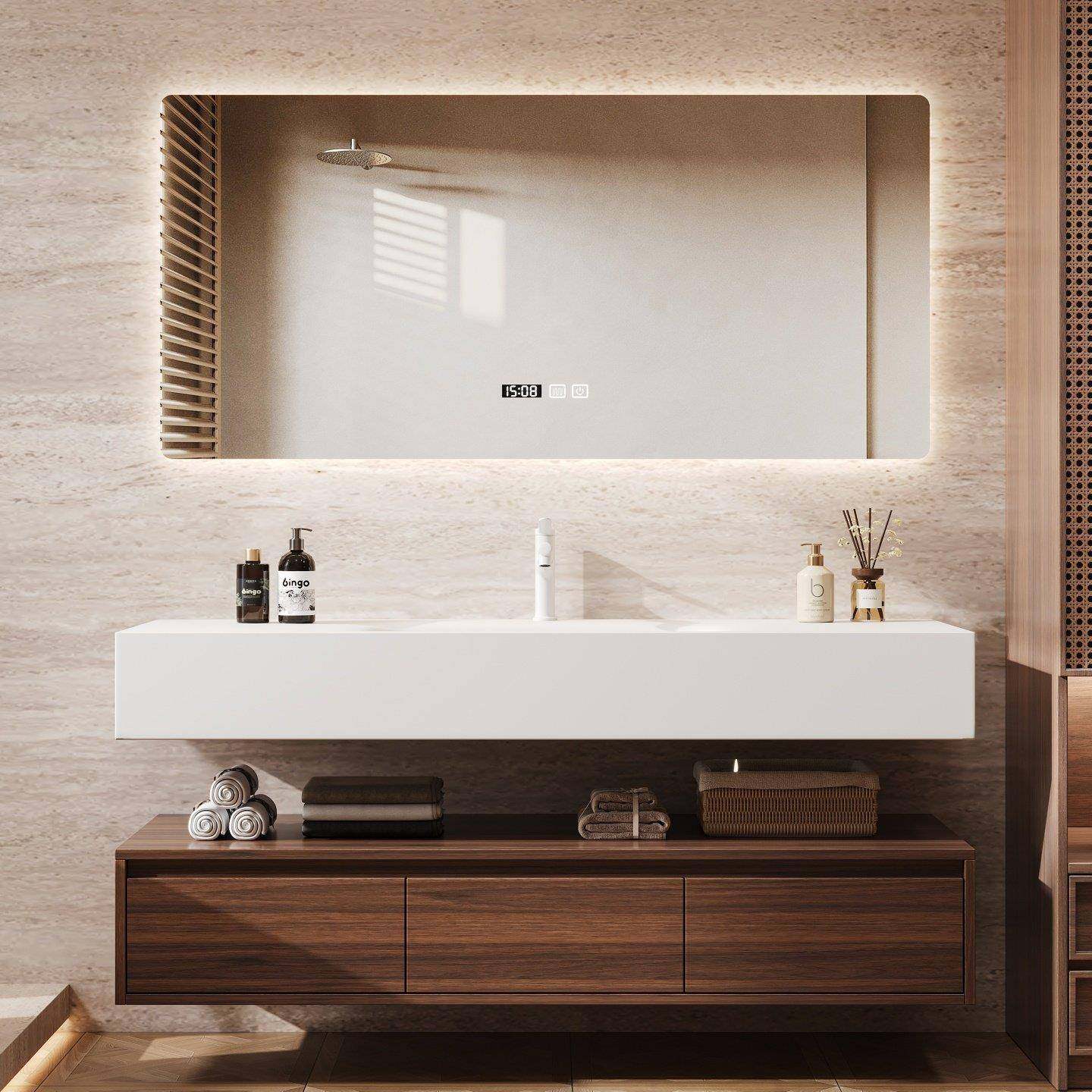 智能酒店风浴室柜岩板热弯一体盆胡桃木洗漱台洗手池洗脸盆柜组合,家装主材,浴室柜组合,淘宝优惠券,粉丝福利购,淘宝优惠卷