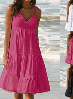 Women's suspender collar patchwork dress beach skirt for