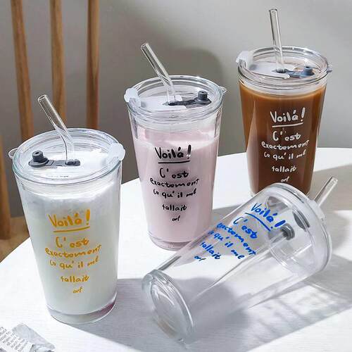 French drink straw cup Coffee cup Glass water cup with lid杯