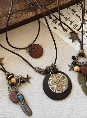 禅意长款羽毛项链复古民族项链