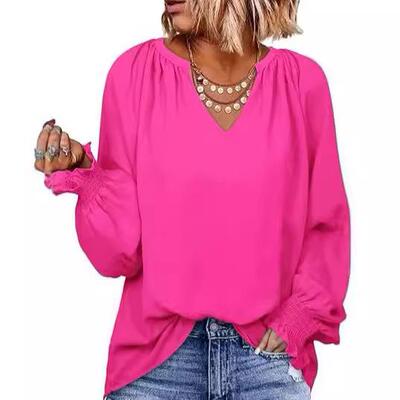 Womens Plus Size Tops Sexy V Neck Smocked Long Sleeve
