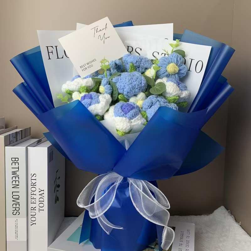 成品针织花玫瑰花毛线花束手工diy仿真花情人节生日