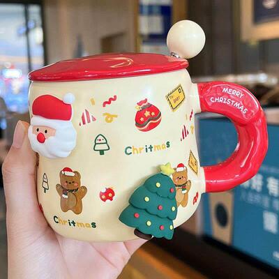 Christmas mug cartoon mug with lid spoon water cup圣诞水杯
