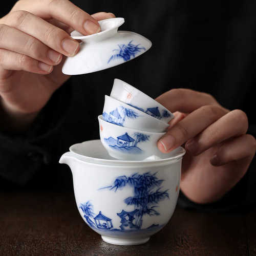 手绘竹林茶舍快客杯便携式户外露营旅行套装茶具随身外出泡茶茶杯
