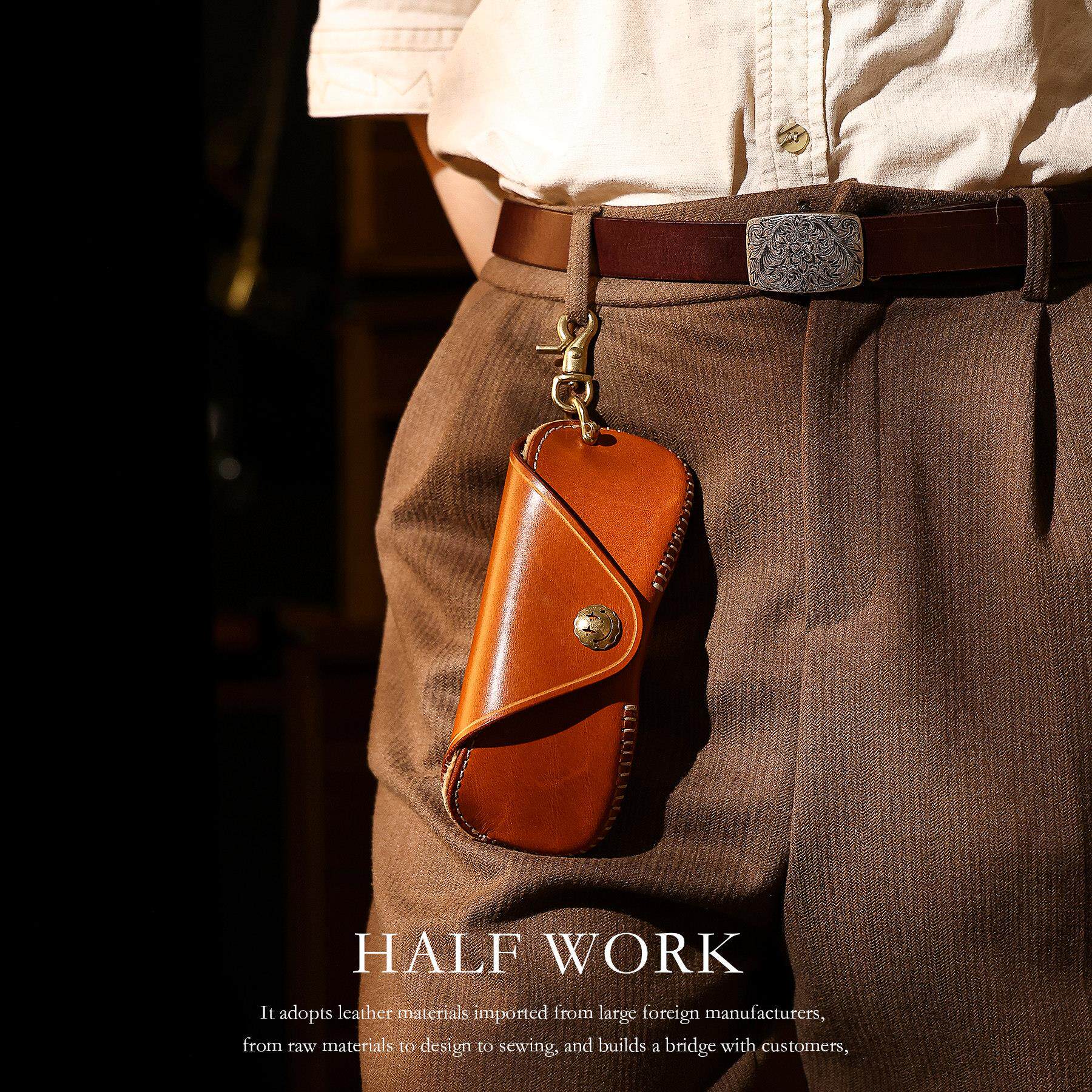 HALF WORK 纯手工真皮眼镜盒男可携式抗压太阳眼镜包老花眼镜太阳