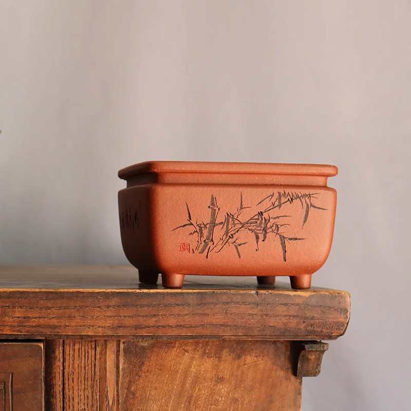 客厅制文盆四方陆桌面正方形梅手工竹子紫砂桩子花盆刻盆景花鸟