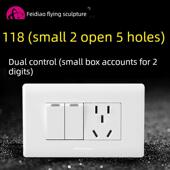 飞雕118型二位2开5孔小二开双控五孔两开插座双开关带五孔面板