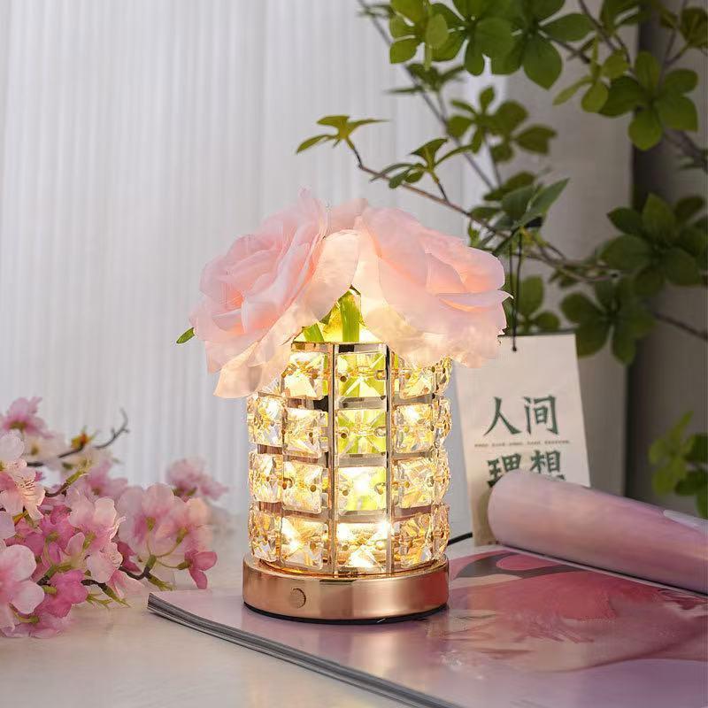 现代简约玫瑰花圆柱水晶灯高级感台灯卧室床头郁金香小夜灯装饰氛