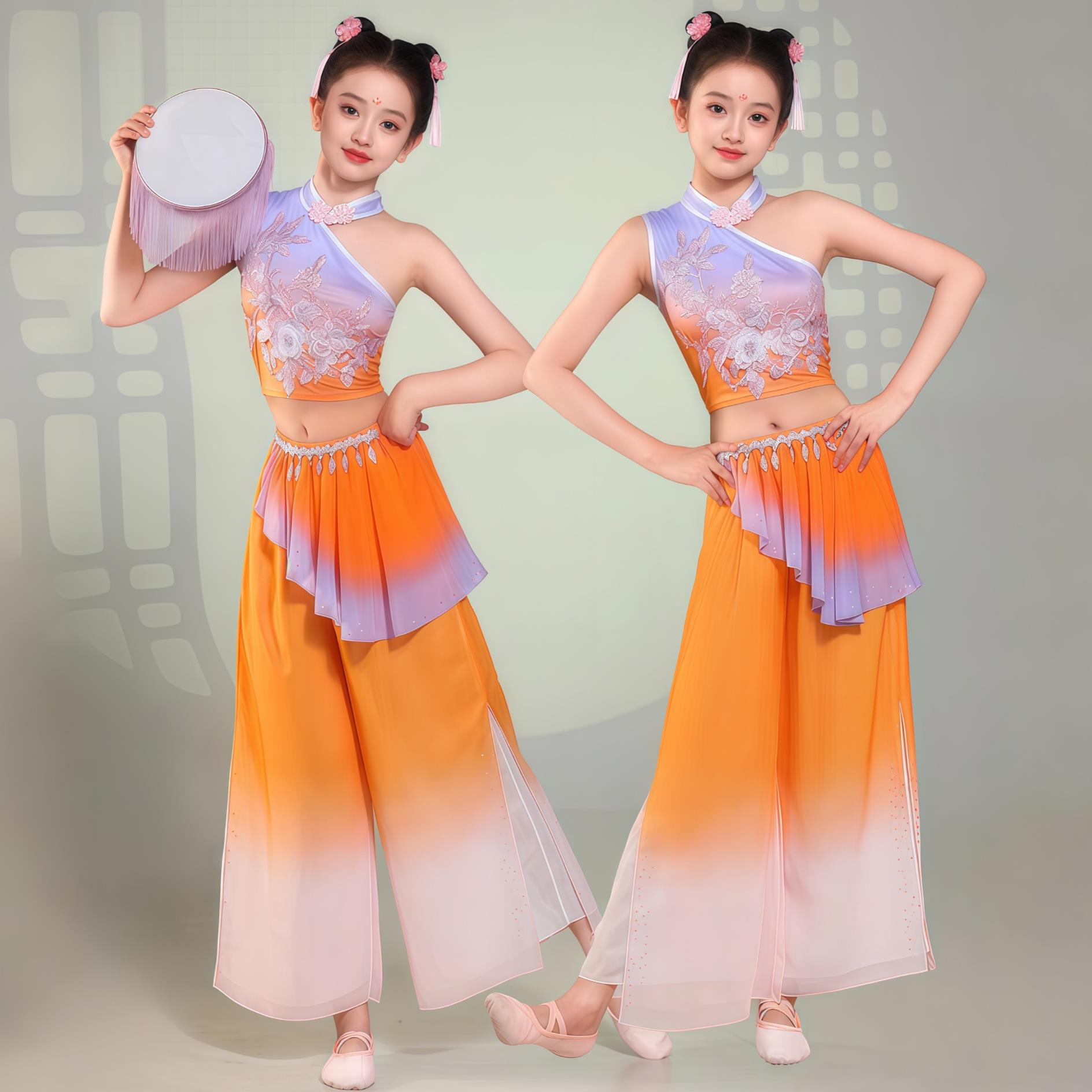 钱鼓舞儿童演出服中国风古典舞艺考胶州秧歌服铃鼓道具春嬉舞蹈服
